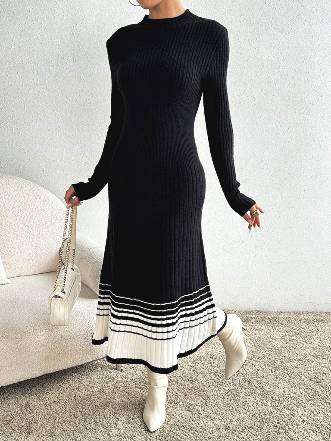 Contrast Mock Neck Long Sleeve Sweater Dress-BT8D