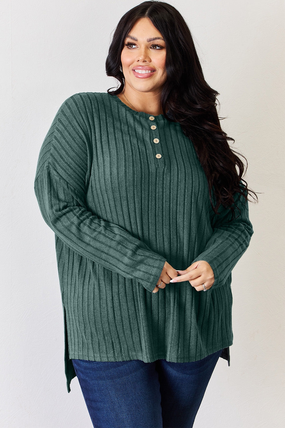 Basic Bae Full Size Ribbed Half Button Long Sleeve High-Low T-Shirt-BT8D
