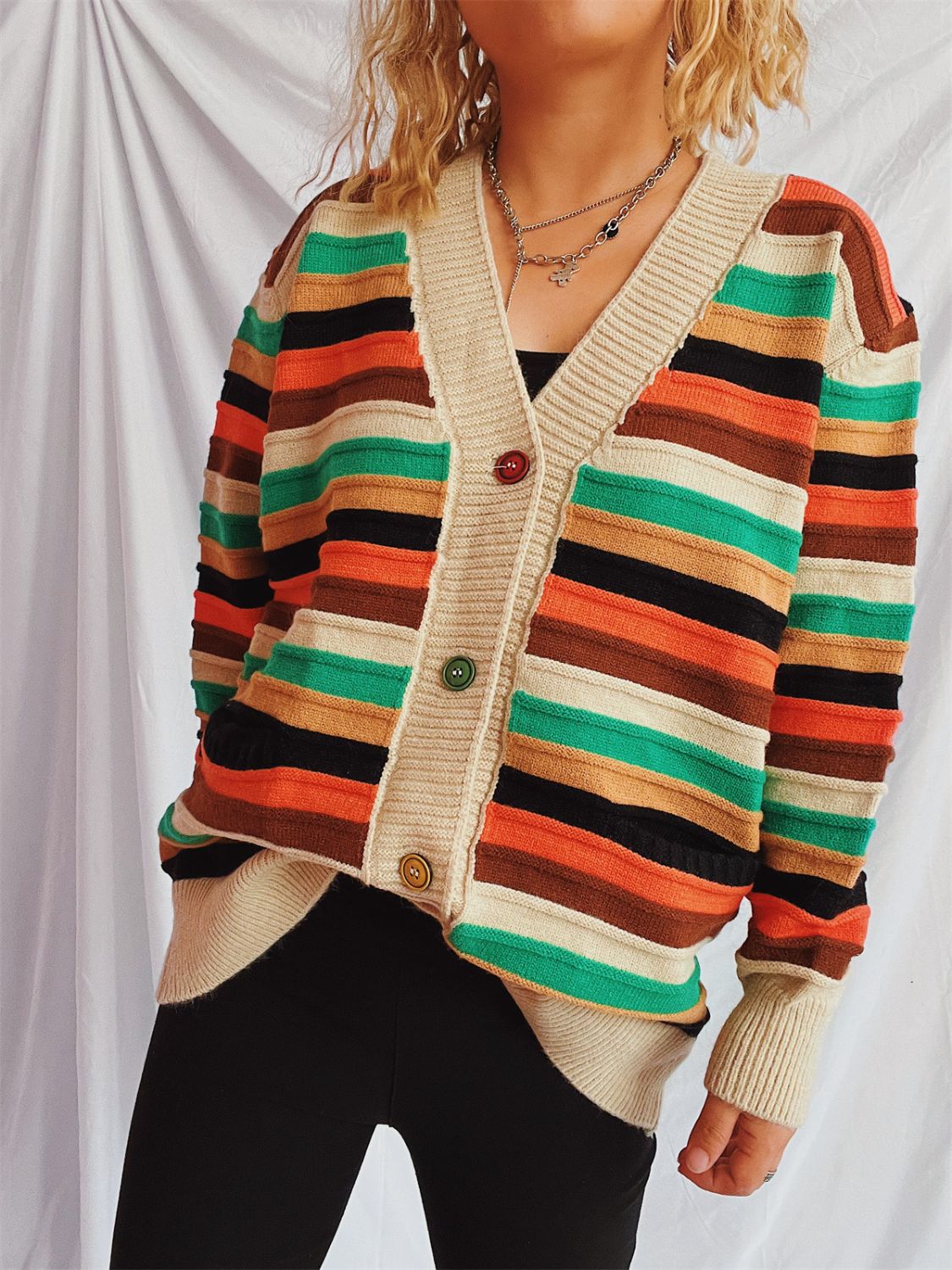 Contrast Stripes Button Up Long Sleeve Cardigan-BT8D