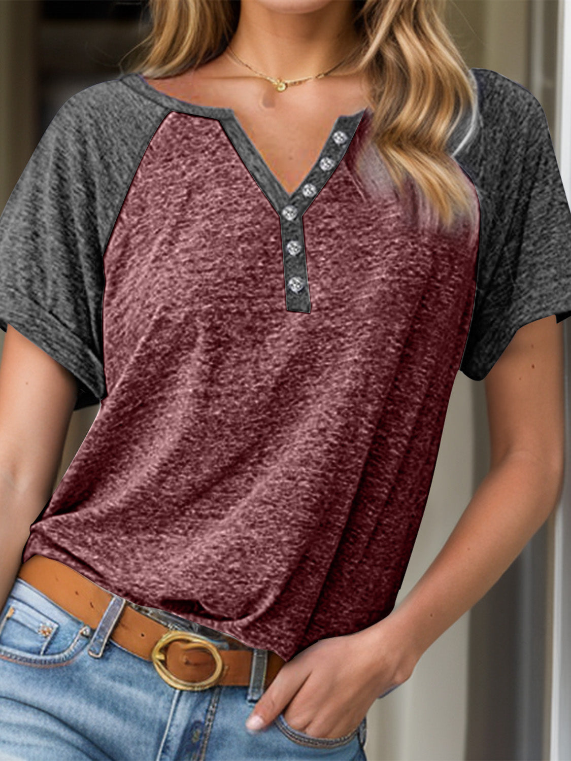 Contrast Notched Short Sleeve T-Shirt-BT8D