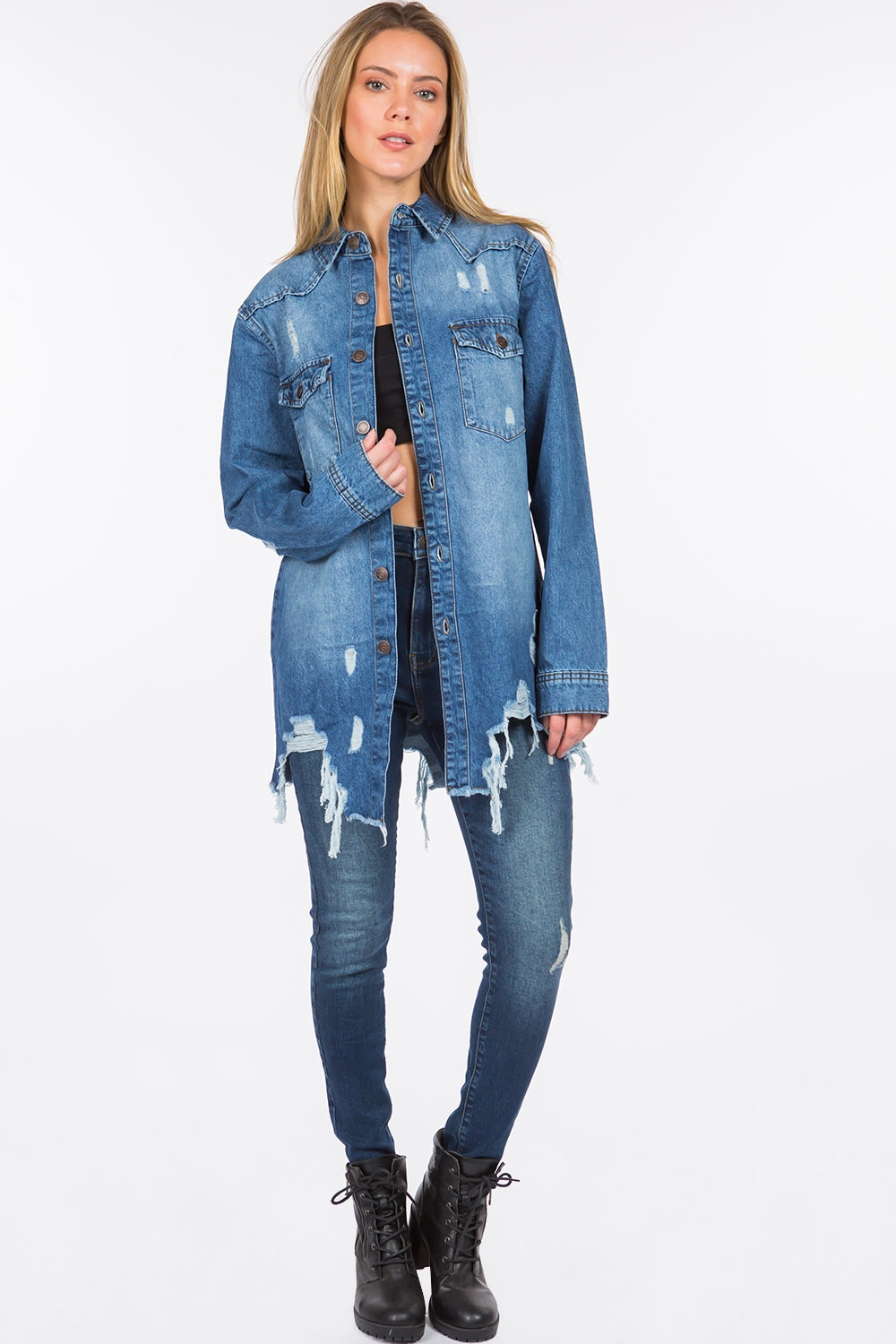 American Bazi Distressed Frayed Hem Denim Jacket-BT8D