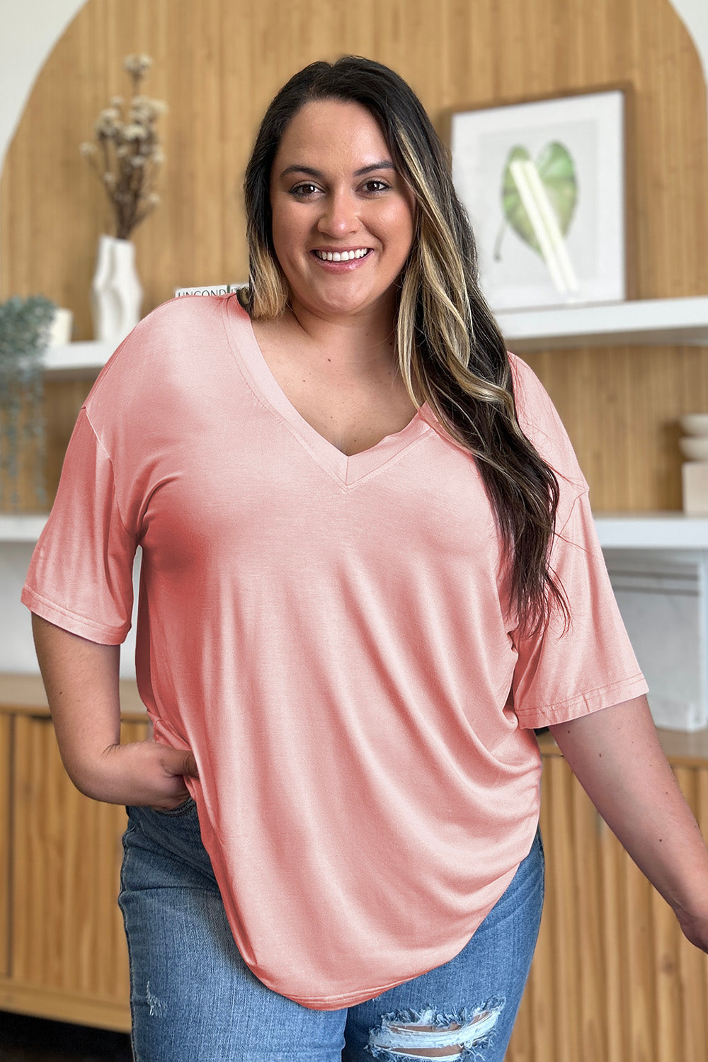 Basic Bae Full Size Bamboo V-Neck Drop Shoulder T-Shirt-BT8D