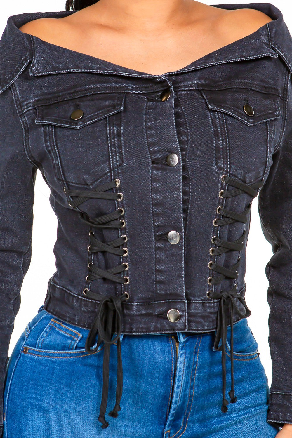 American Bazi Off Shoulder Lace Up Denim Jacket-BT8D