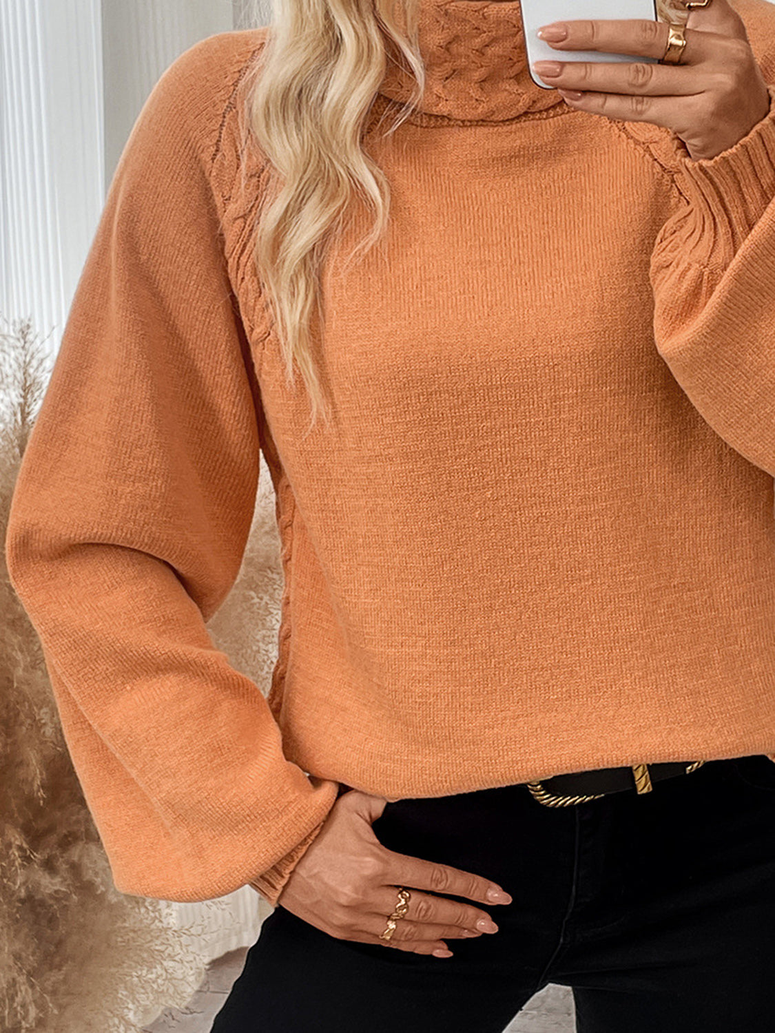Cable-Knit Turtleneck Long Sleeve Sweater-BT8D