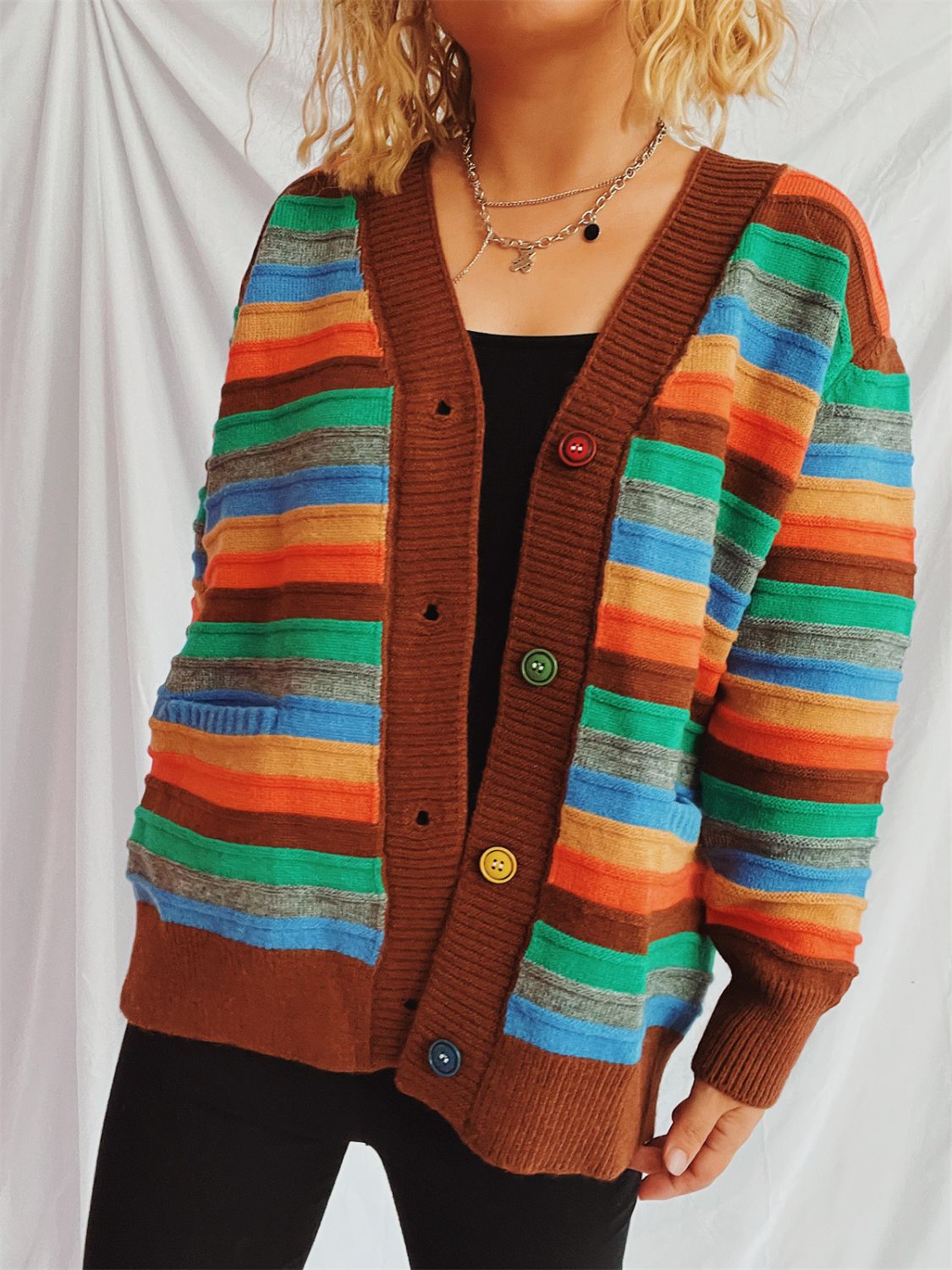 Contrast Stripes Button Up Long Sleeve Cardigan-BT8D