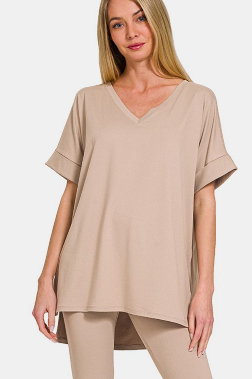 Zenana Full Size V-Neck Rolled Short Sleeve T-Shirt And Leggings Lounge Set