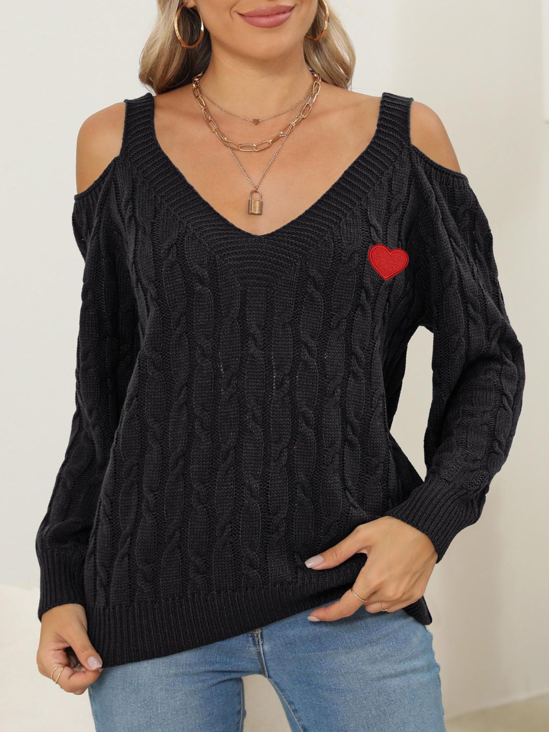 Cable-Knit Heart V-Neck Sweater-BT8D