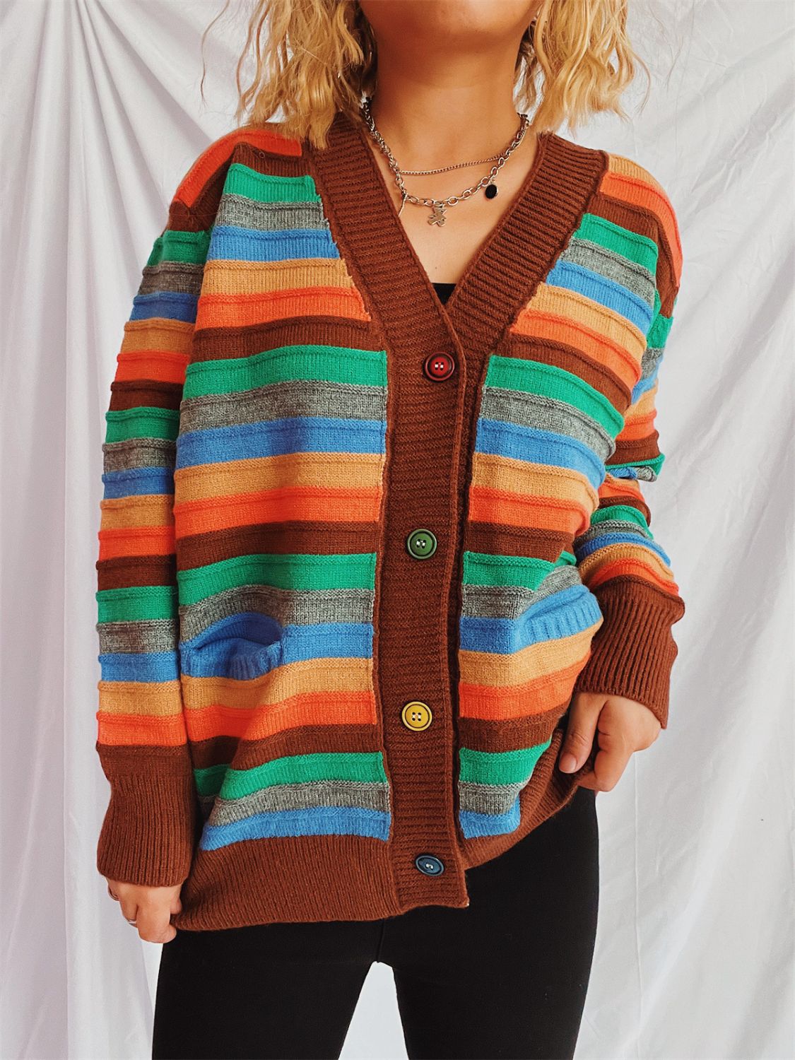 Contrast Stripes Button Up Long Sleeve Cardigan-BT8D