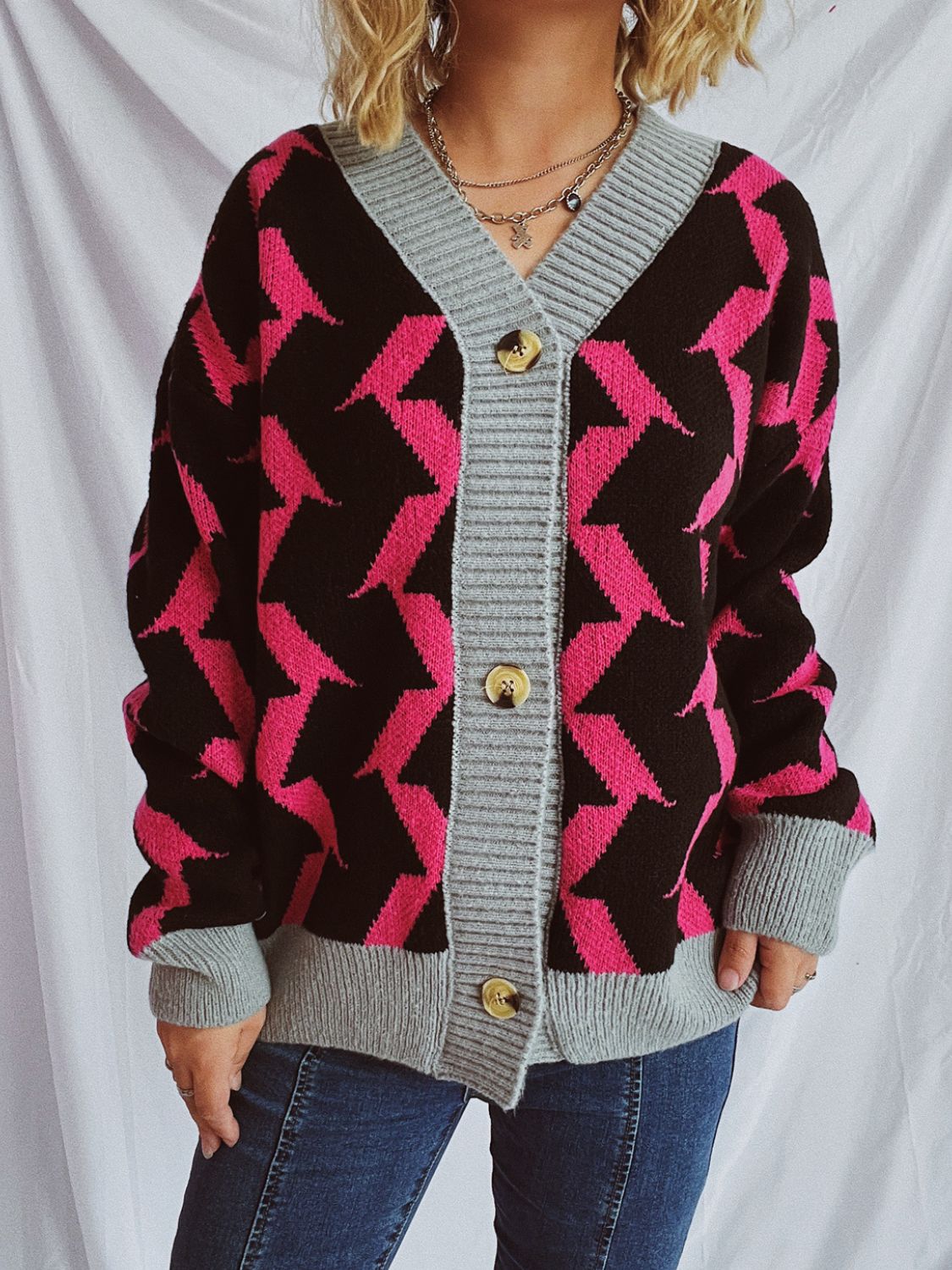 Contrast Trim Geometric V-Neck Long Sleeve Cardigan-BT8D