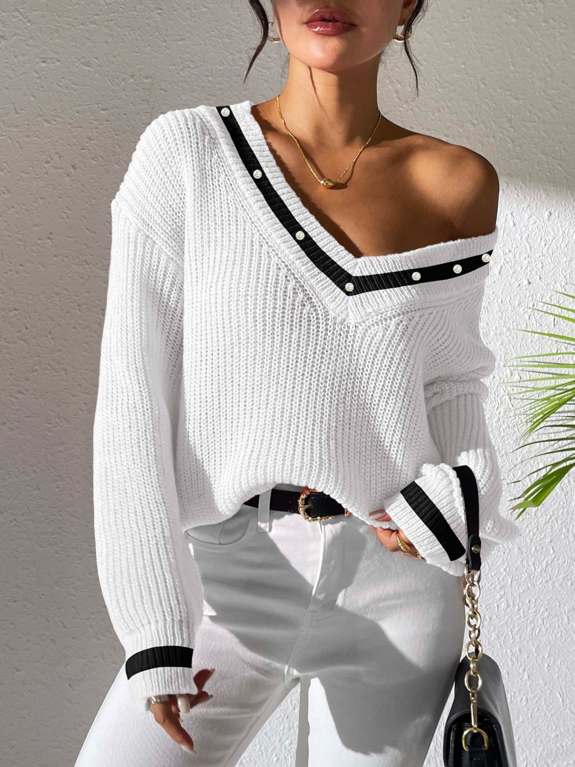 Contrast Trim V-Neck Long Sleeve Sweater-BT8D