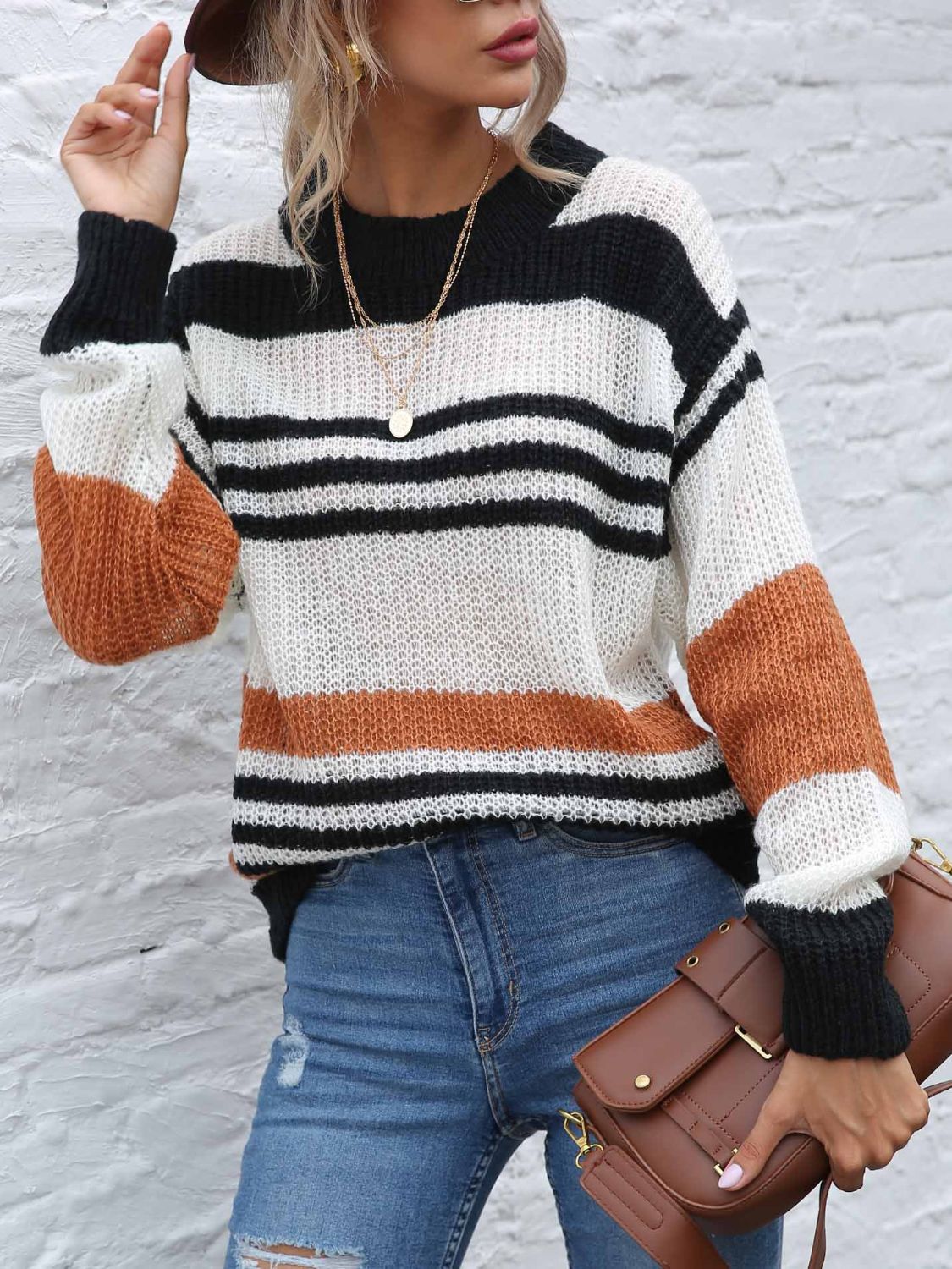 Contrast Striped Round Neck Long Sleeve Sweater-BT8D