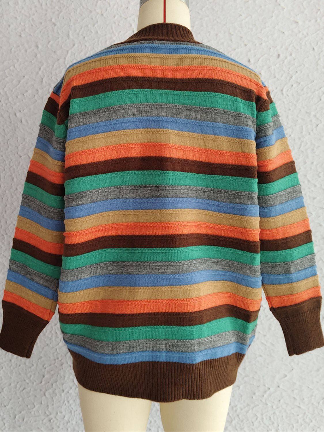 Contrast Stripes Button Up Long Sleeve Cardigan-BT8D