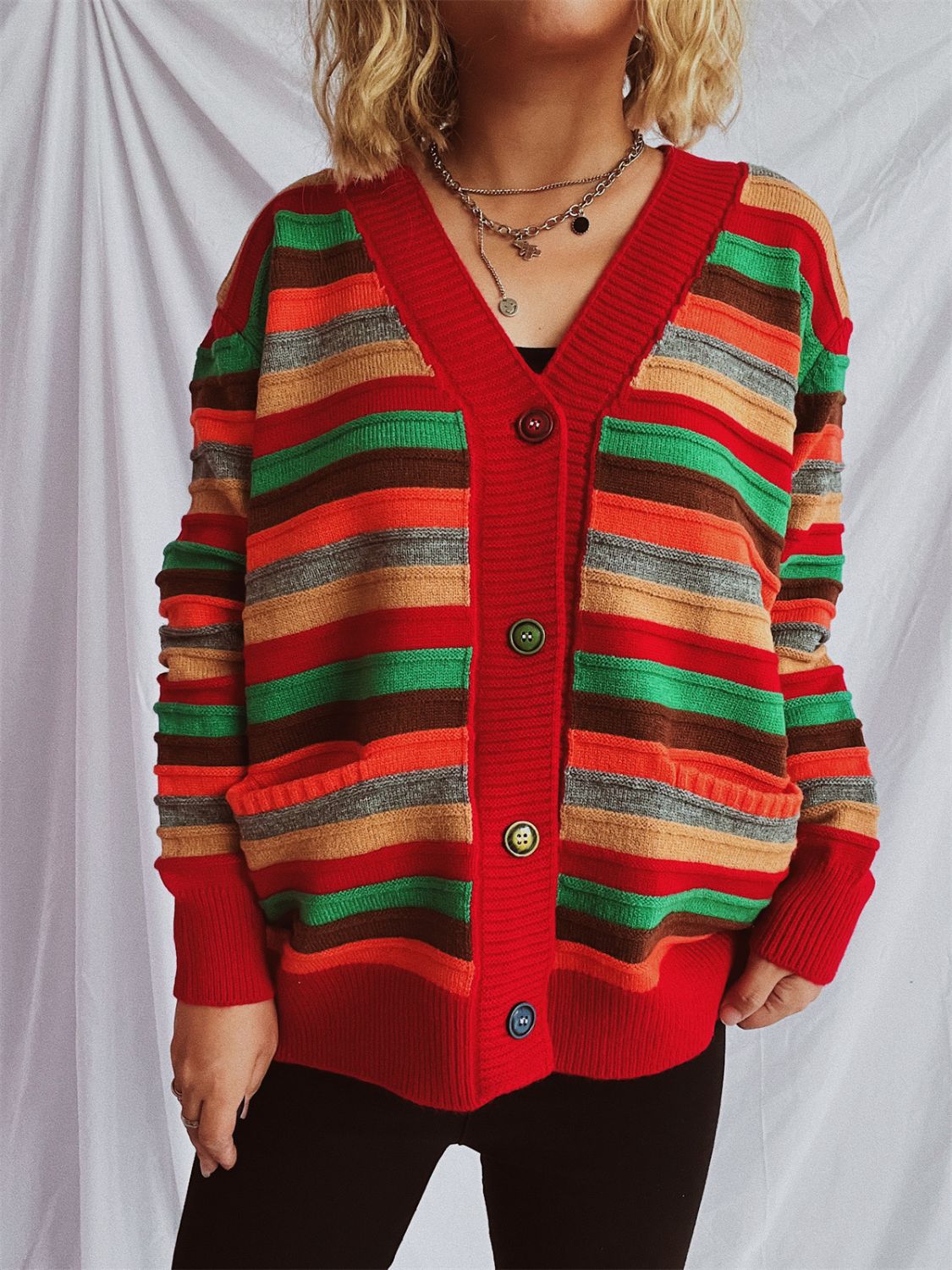 Contrast Stripes Button Up Long Sleeve Cardigan-BT8D