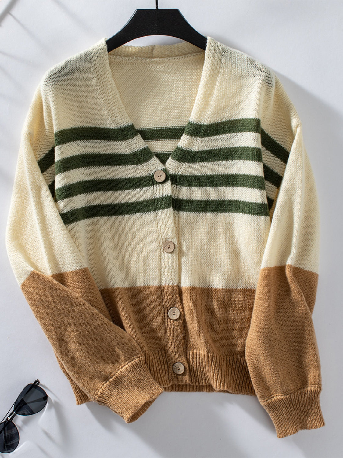 Color Block V-Neck Button Down Long Sleeve Cardigan-BT8D