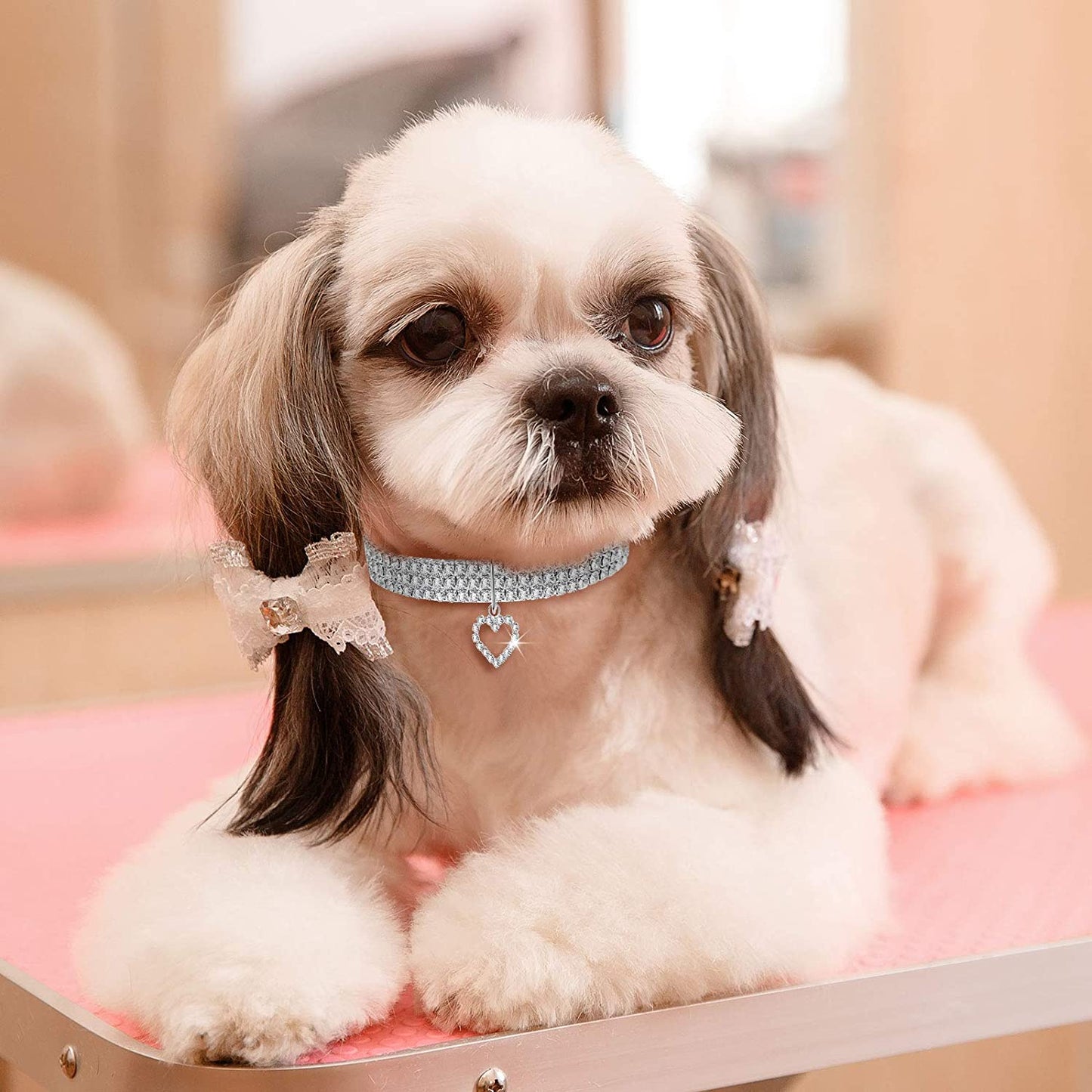 3 Pieces Bling Rhinestones Pet Collars Glitter Pendant Dog Collars Adjustable Crystal Cat Collar Elastic Pet Necklace for Small Pet Cat Dogs Puppy (White)-BT8D