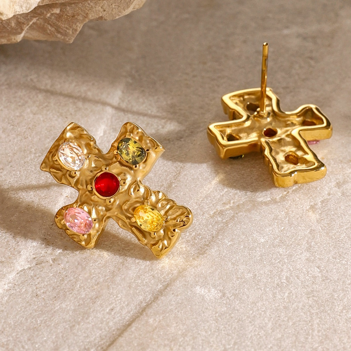18K Gold-Plated Zircon Cross Earrings-BT8D