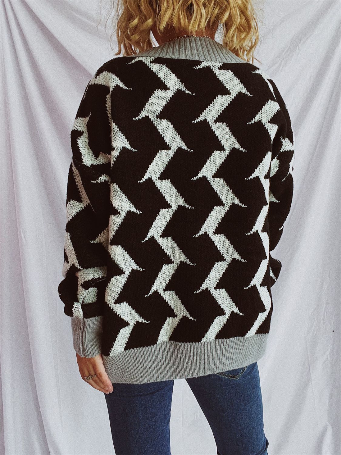 Contrast Trim Geometric V-Neck Long Sleeve Cardigan-BT8D