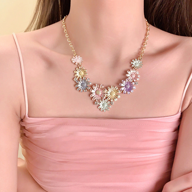 Alloy Rhinestone Daisy Necklace-BT8D