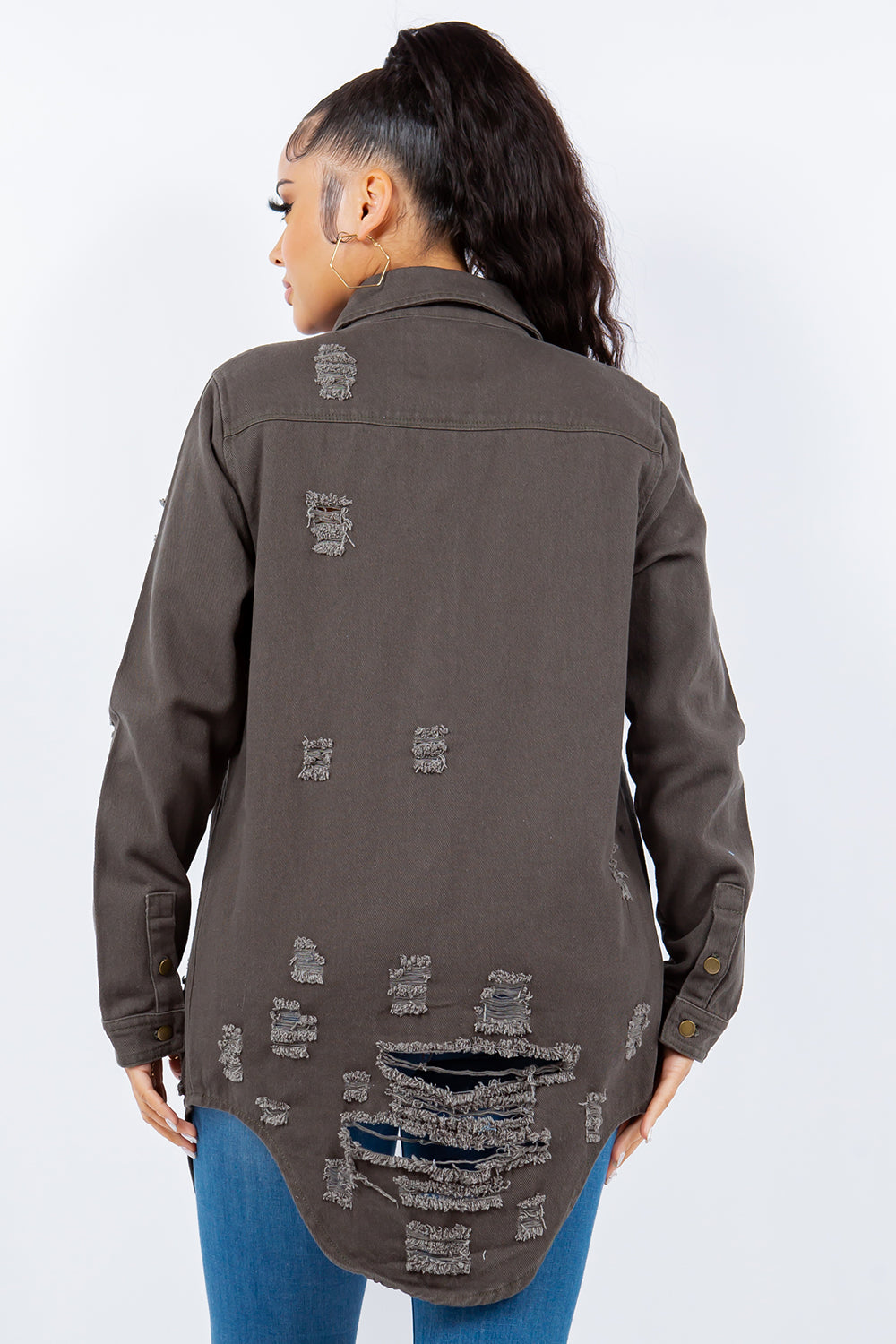 American Bazi Distressed Button Up Long Sleeve Denim Jacket-BT8D