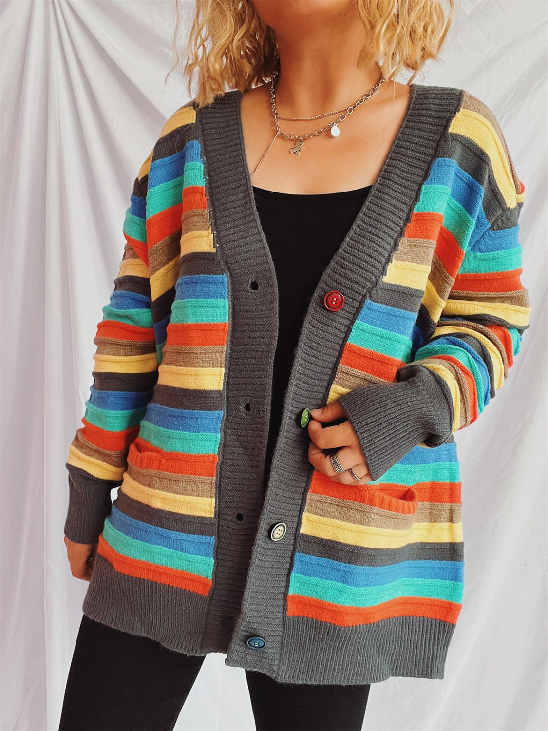 Contrast Stripes Button Up Long Sleeve Cardigan-BT8D