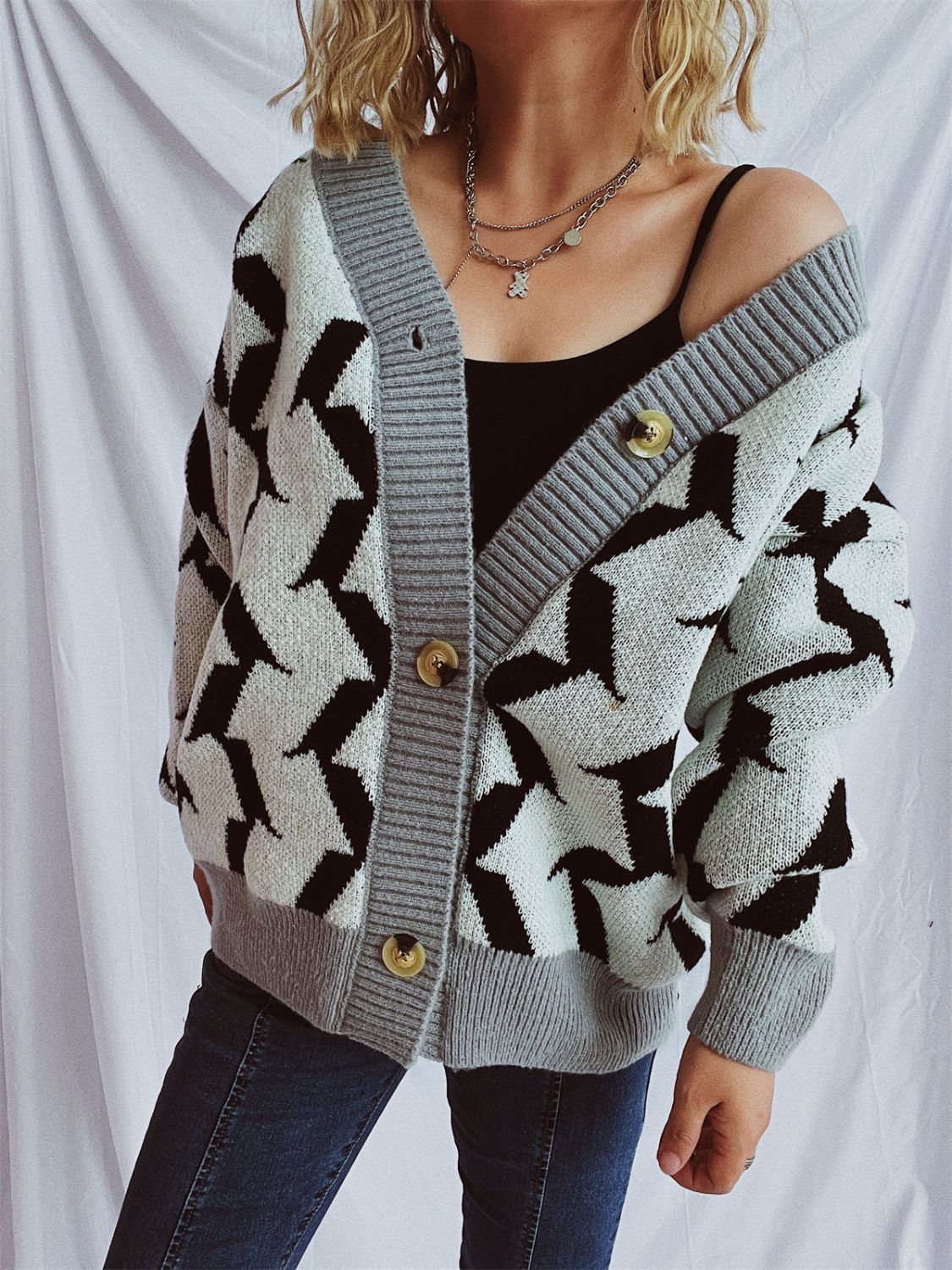 Contrast Trim Geometric V-Neck Long Sleeve Cardigan-BT8D