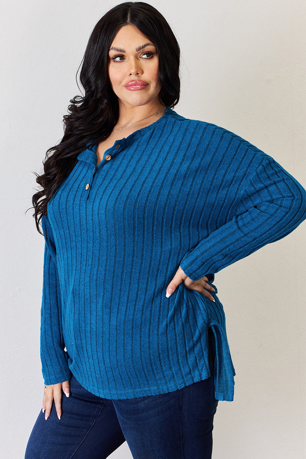 Basic Bae Full Size Ribbed Half Button Long Sleeve High-Low T-Shirt-BT8D