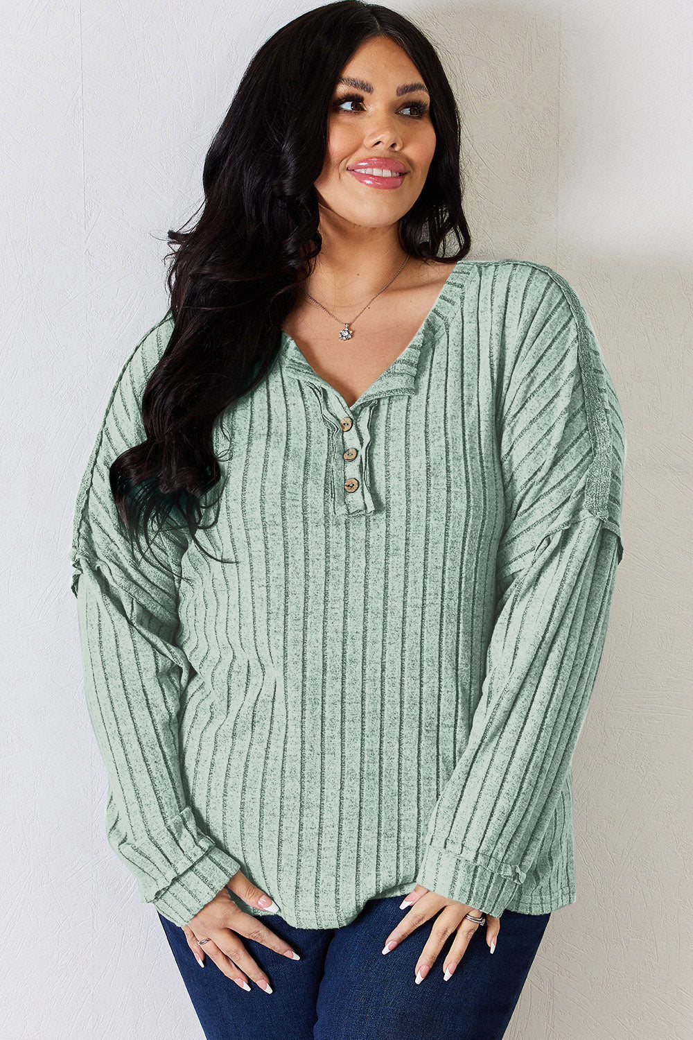 Basic Bae Full Size Ribbed Half Button Long Sleeve T-Shirt-BT8D