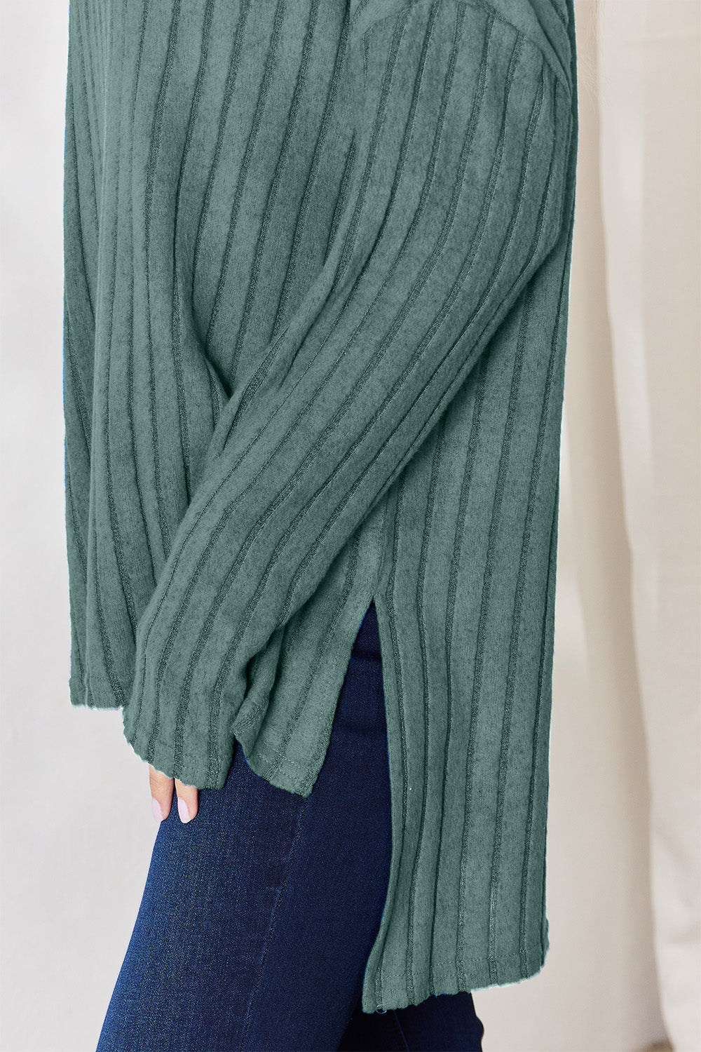 Basic Bae Full Size Ribbed Half Button Long Sleeve High-Low T-Shirt-BT8D