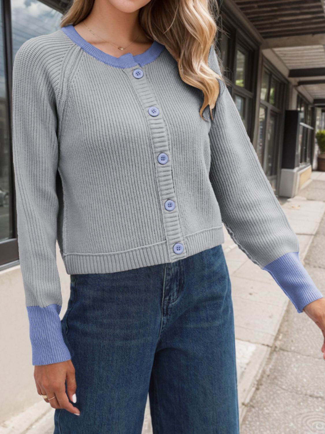 Contrast Button Up Long Sleeve Cardigan-BT8D