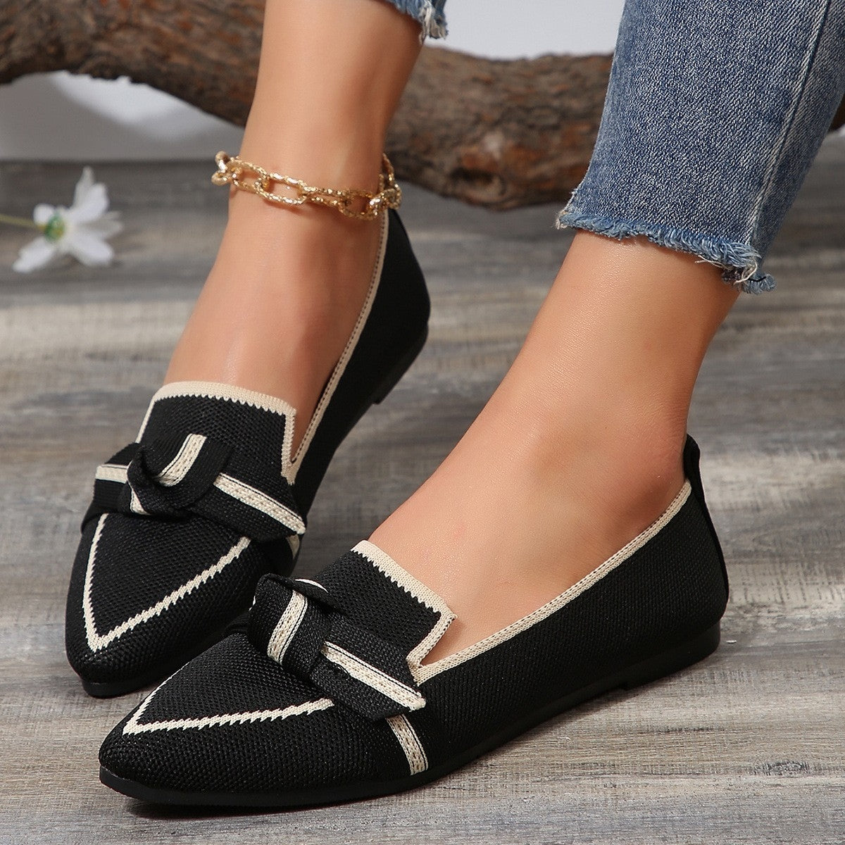 Bow Contrast Trim Point Toe Loafers-BT8D