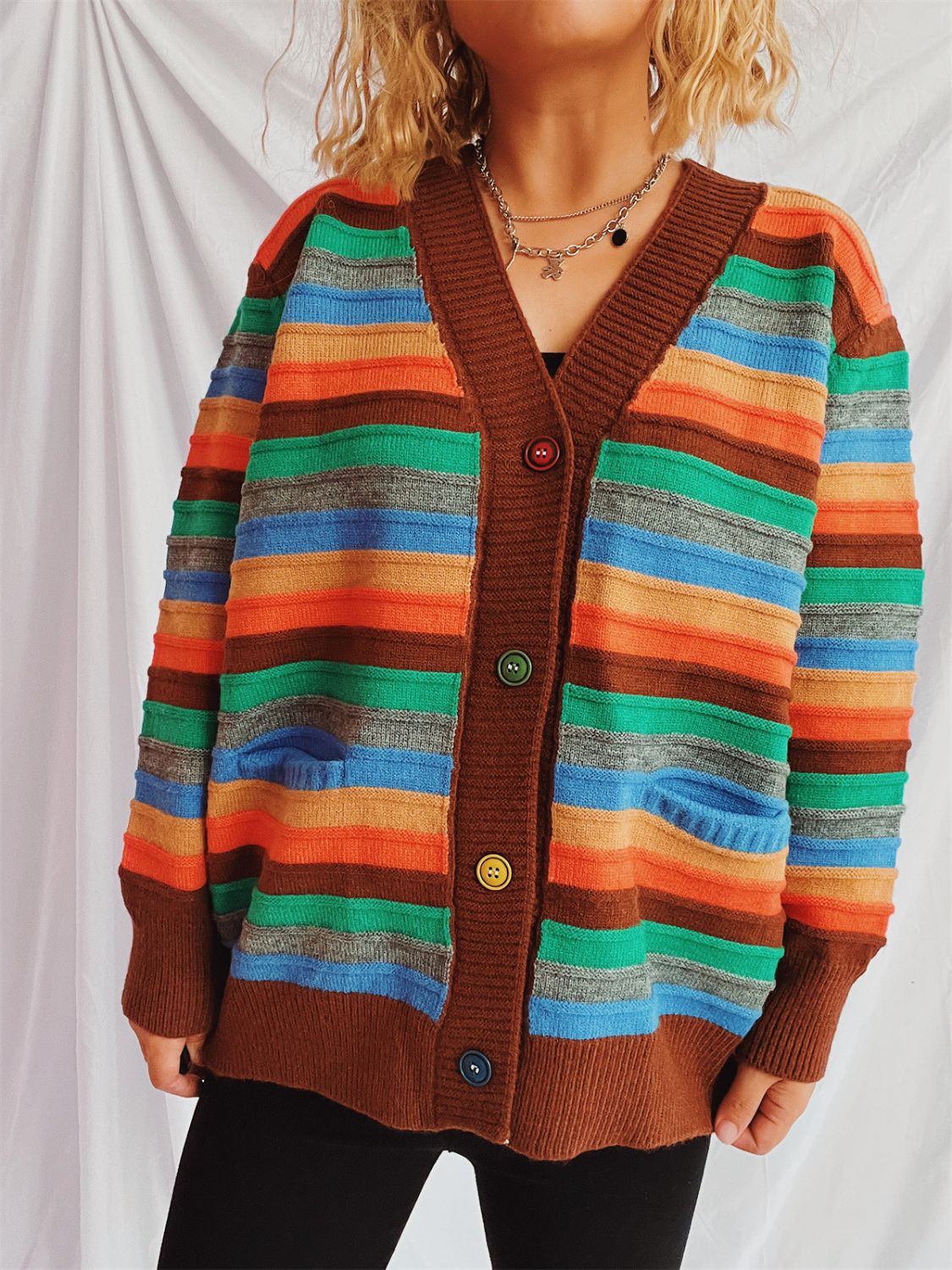 Contrast Stripes Button Up Long Sleeve Cardigan-BT8D