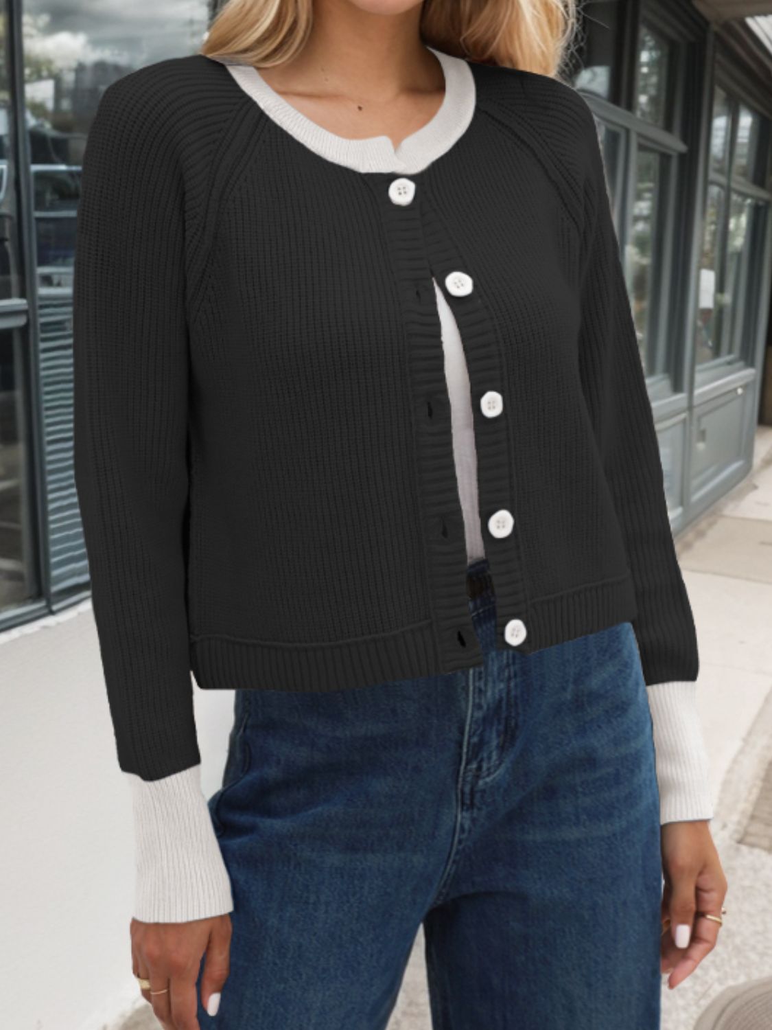 Contrast Button Up Long Sleeve Cardigan-BT8D