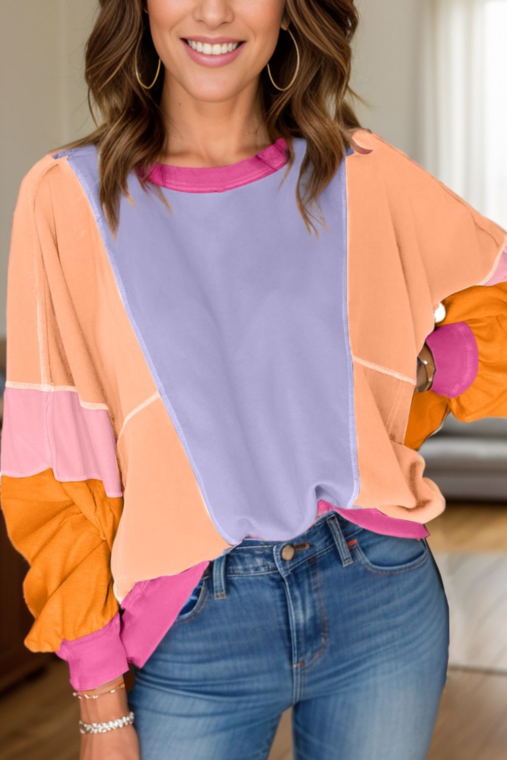 Color Block Round Neck Long Sleeve Top-BT8D