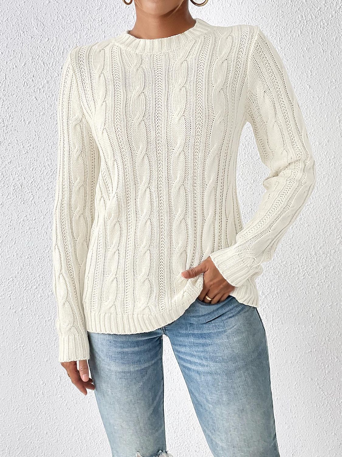Cable-Knit Round Neck Sweater-BT8D