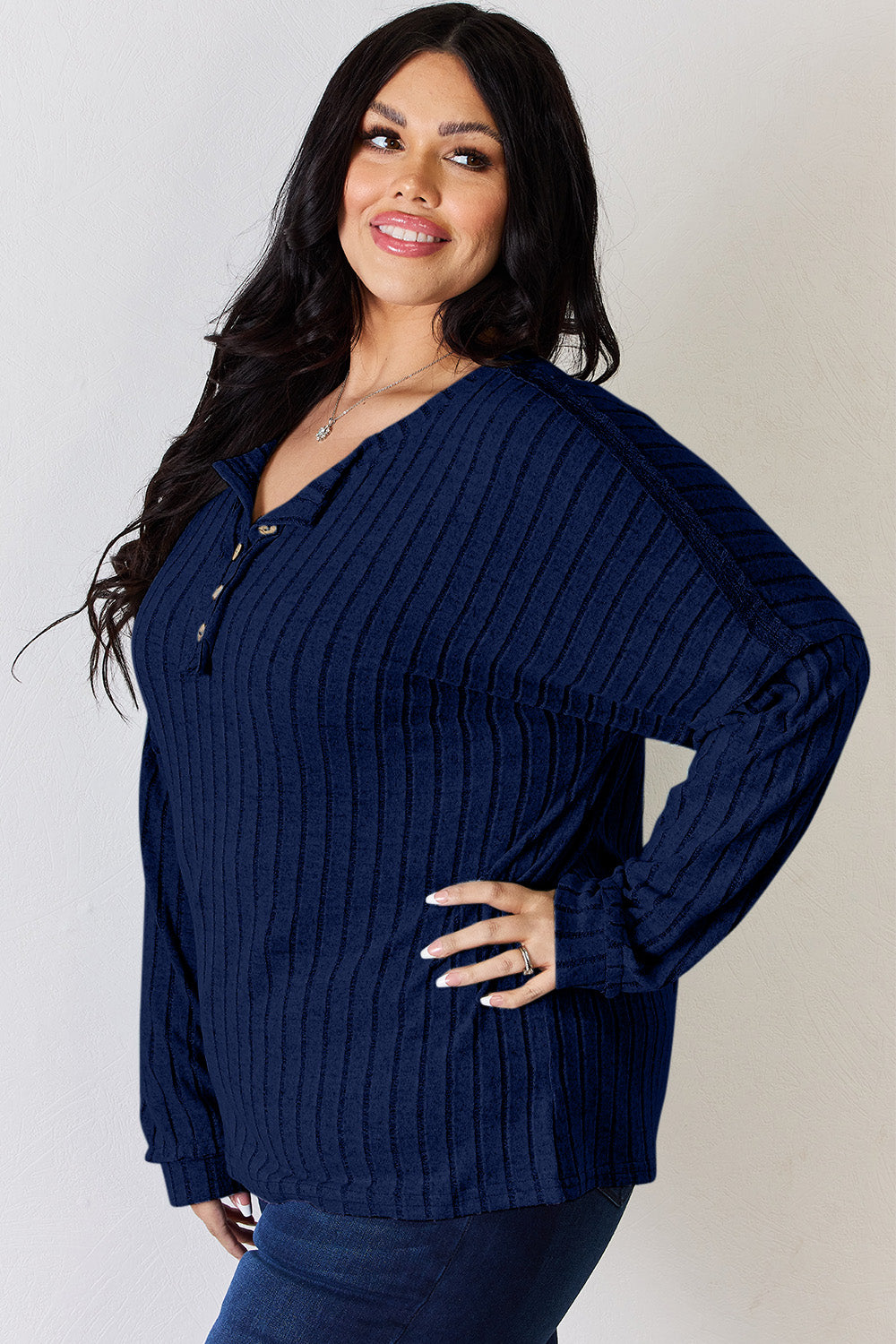 Basic Bae Full Size Ribbed Half Button Long Sleeve T-Shirt-BT8D