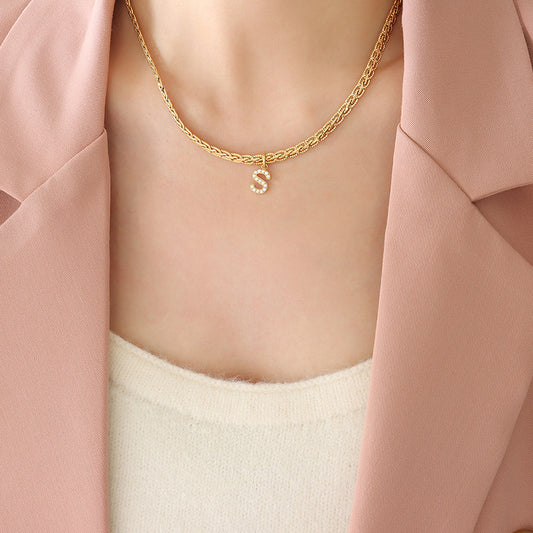 Brass Inlaid Zircon Letter Pendant Necklace-BT8D