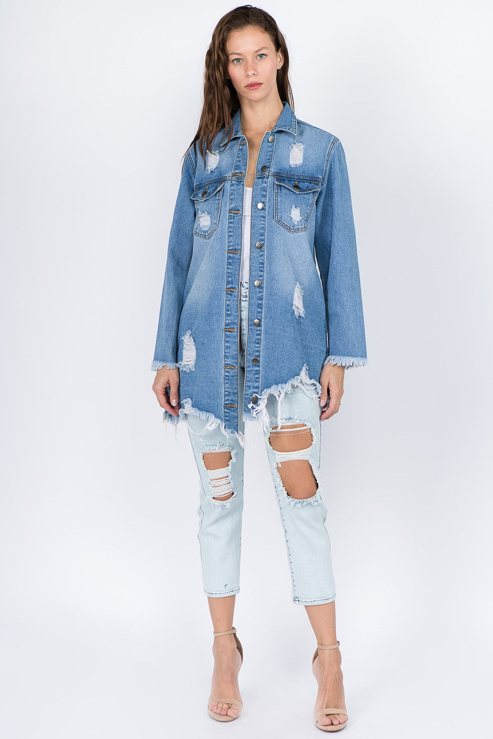 American Bazi Distressed Frayed Hem Denim Jacket-BT8D
