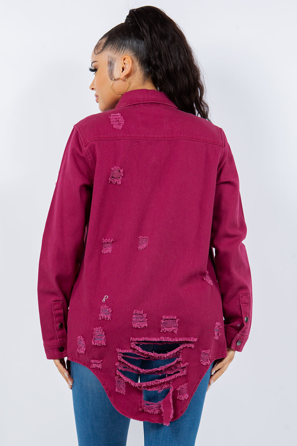 American Bazi Distressed Button Up Long Sleeve Denim Jacket-BT8D