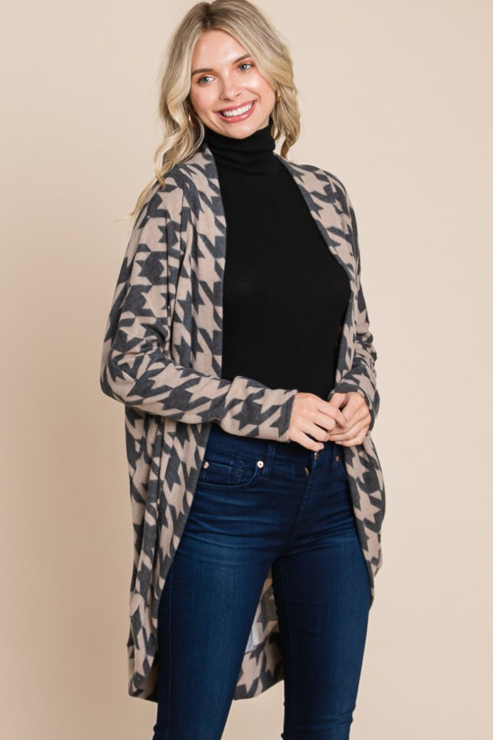 BOMBOM Houndstooth Open Front Cocoon Knit Cardigan-BT8D