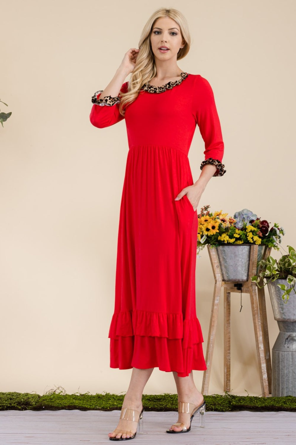 Celeste Full Size Leopard Ruffle Detail Midi Dress-BT8D