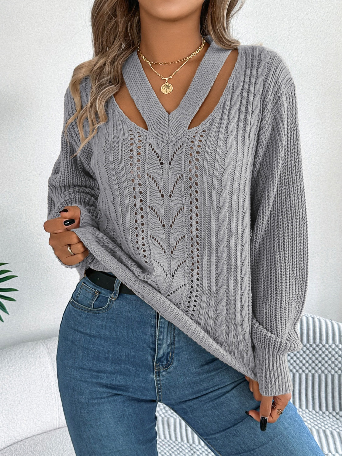 Cutout V-Neck Long Sleeve Sweater-BT8D