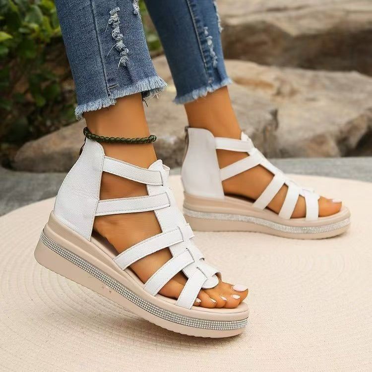 Cutout Rhinestone Trim Wedge Sandals-BT8D