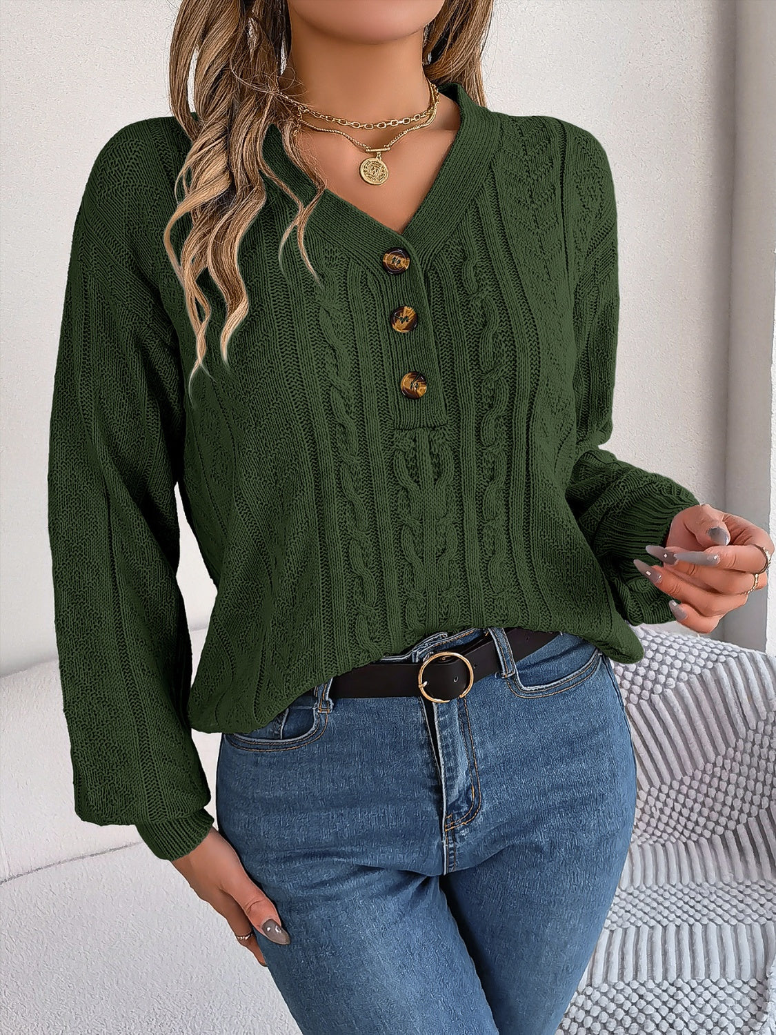 Cable-Knit V-Neck Long Sleeve Sweater-BT8D