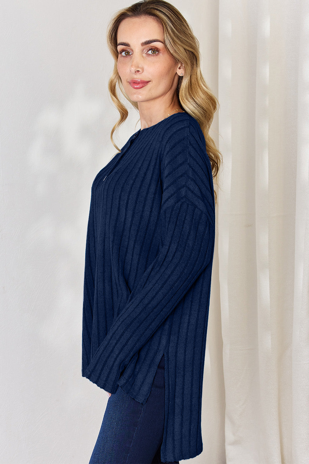 Basic Bae Full Size Ribbed Half Button Long Sleeve High-Low T-Shirt-BT8D