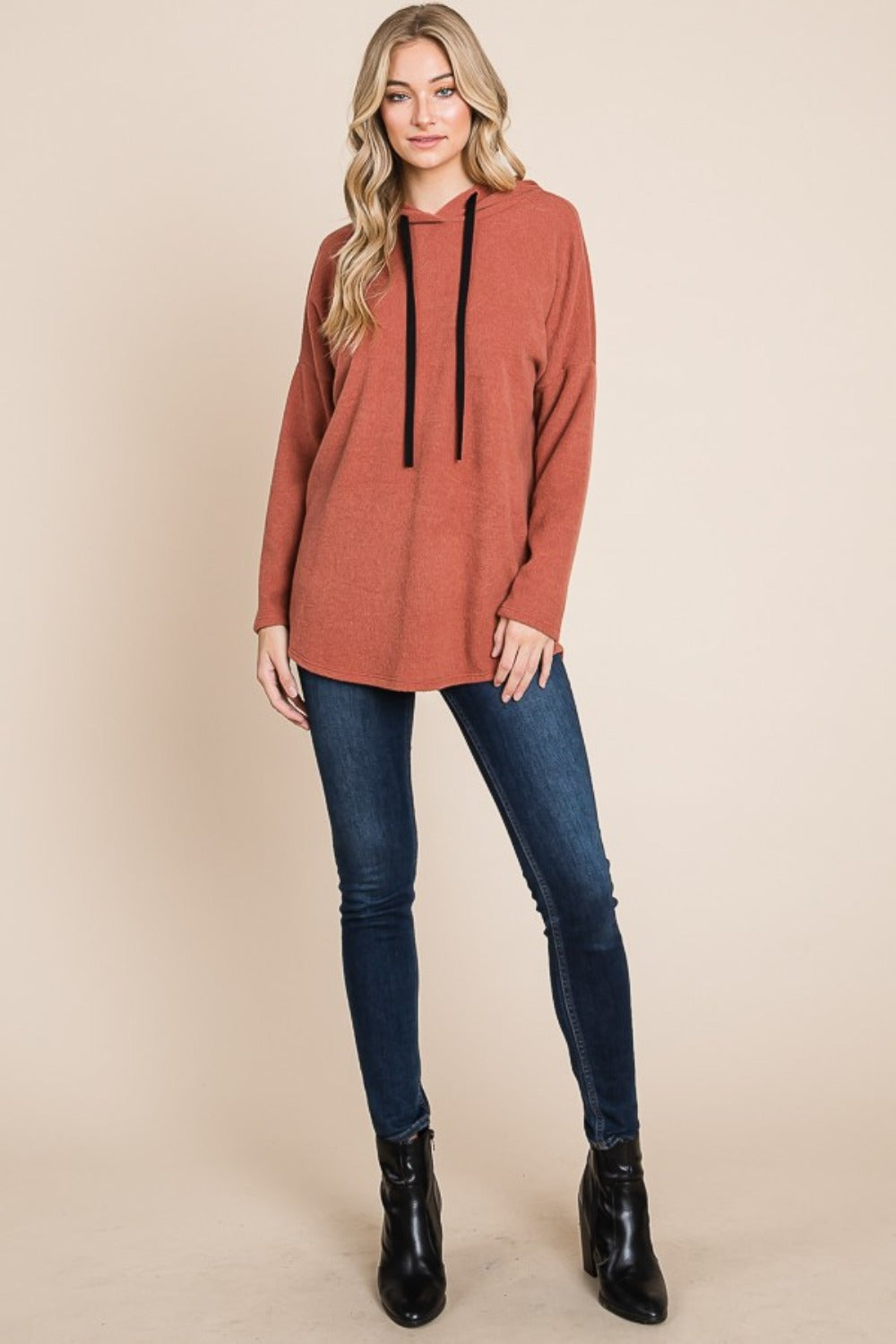 BOMBOM Contrast Drawstring Drop Shoulder Knit Hoodie-BT8D