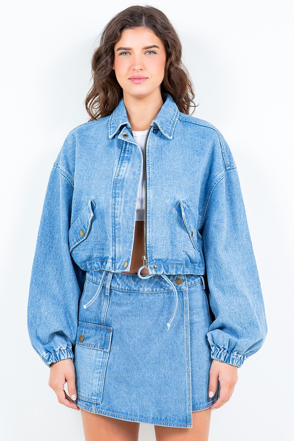 American Bazi Drawstring Waist Crop Denim Jacket-BT8D