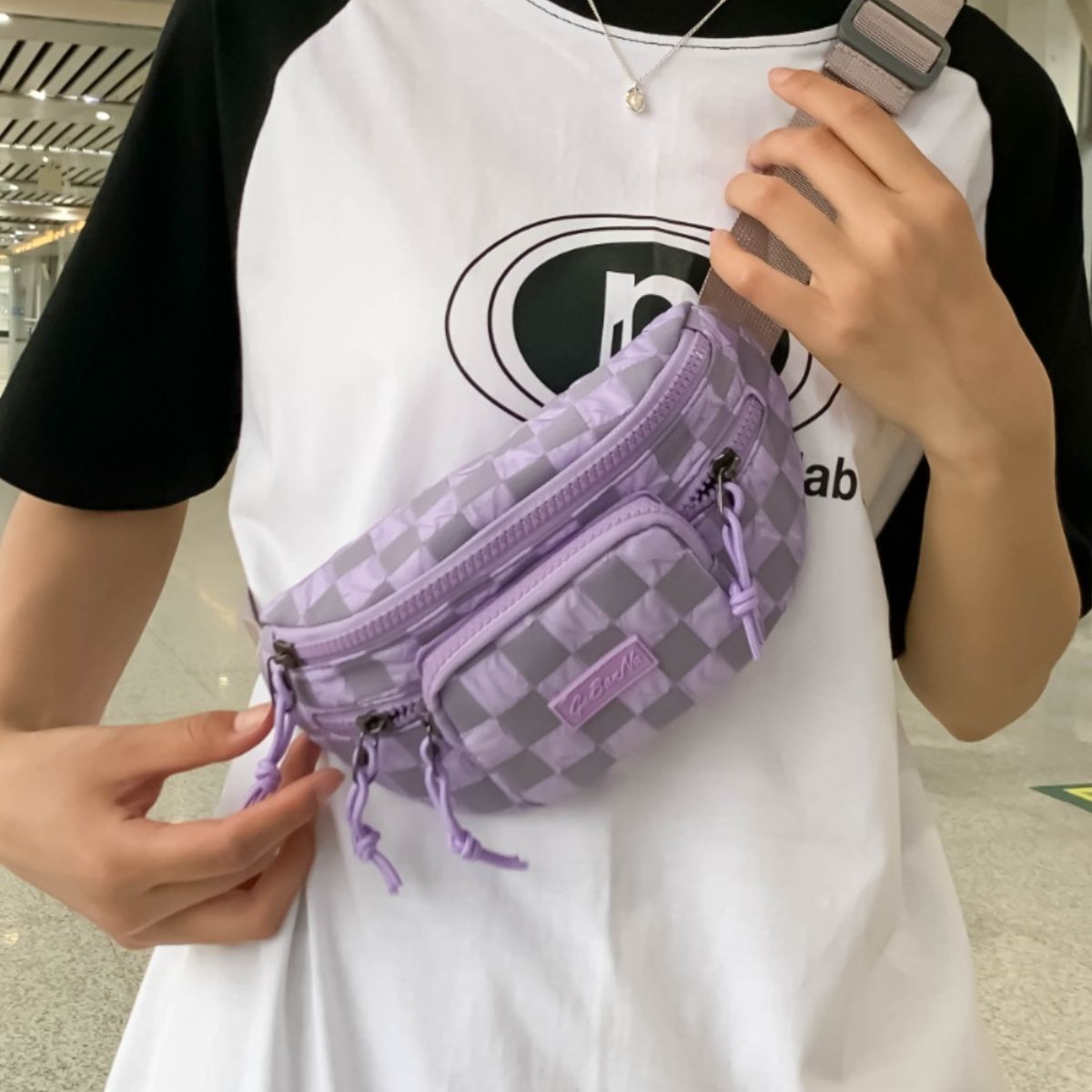 Checkered Adjustable Strap Nylon Crossbody Bag-BT8D
