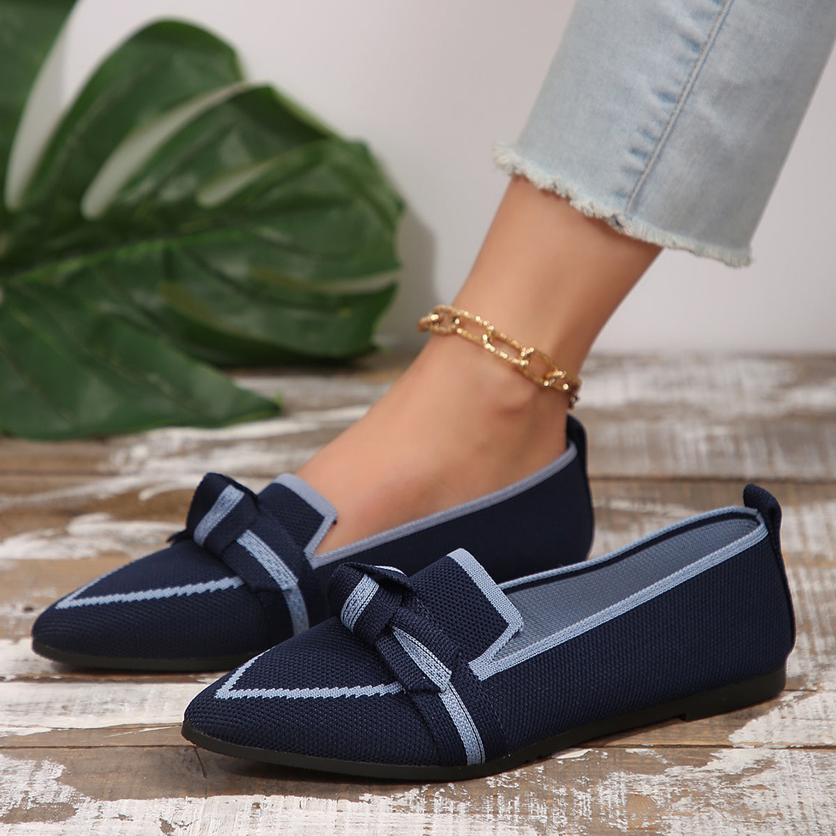 Bow Contrast Trim Point Toe Loafers-BT8D