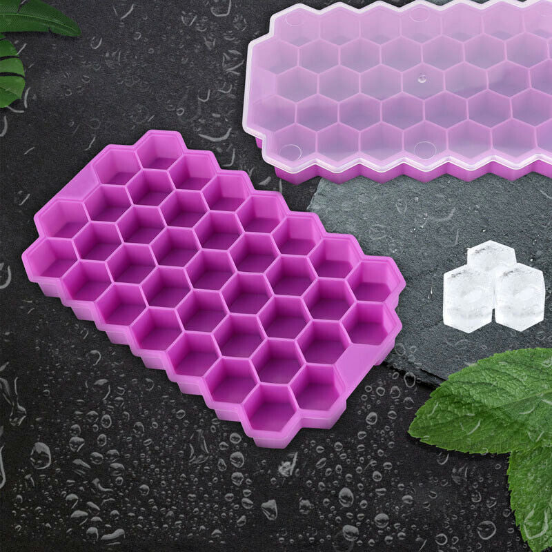 Ice Cube Tray, Set of 2 Honeycomb Shape Silicone Ice Cube Mold with Lid Storage