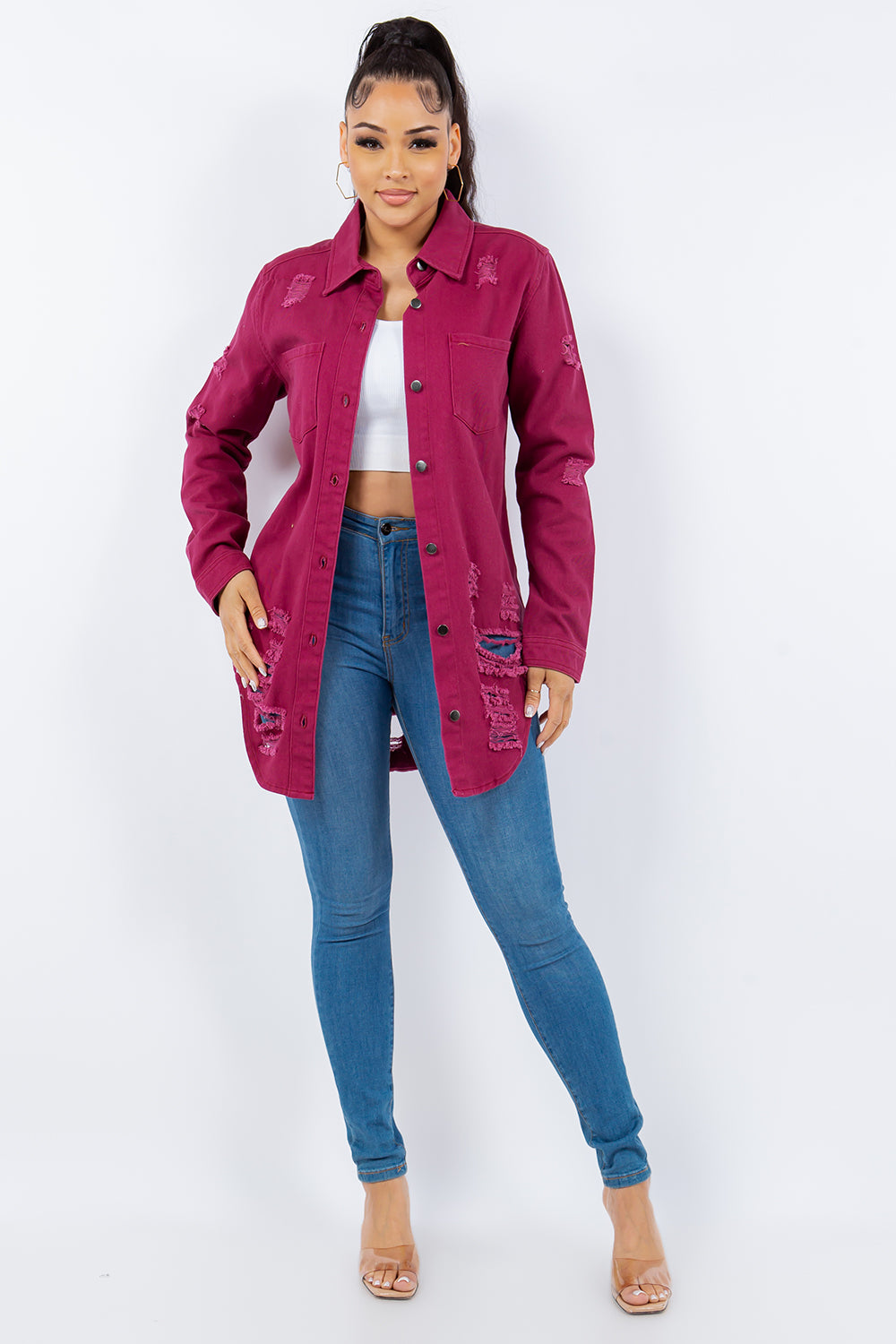 American Bazi Distressed Button Up Long Sleeve Denim Jacket-BT8D
